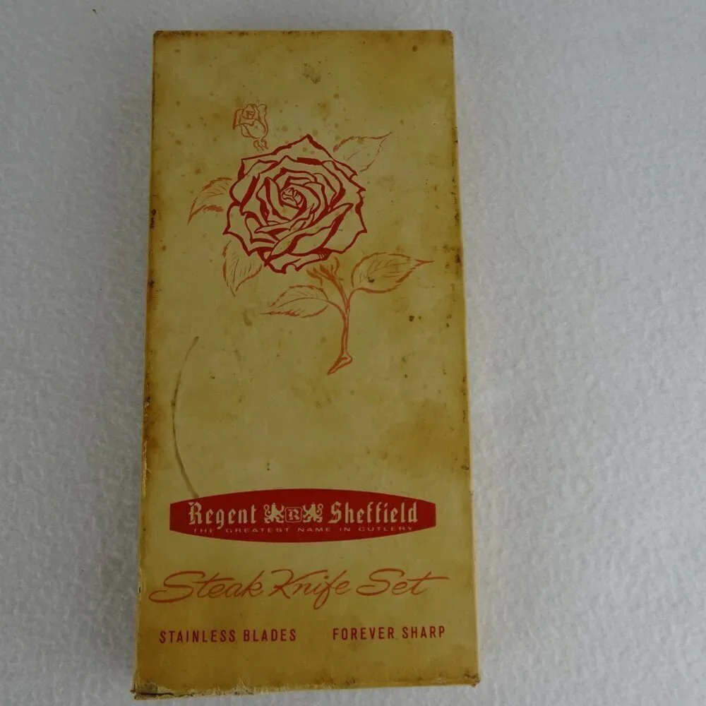 6 REGENT SHEFFIELD Steak Knives Stainless Blade Faux Antler Handle Original Box